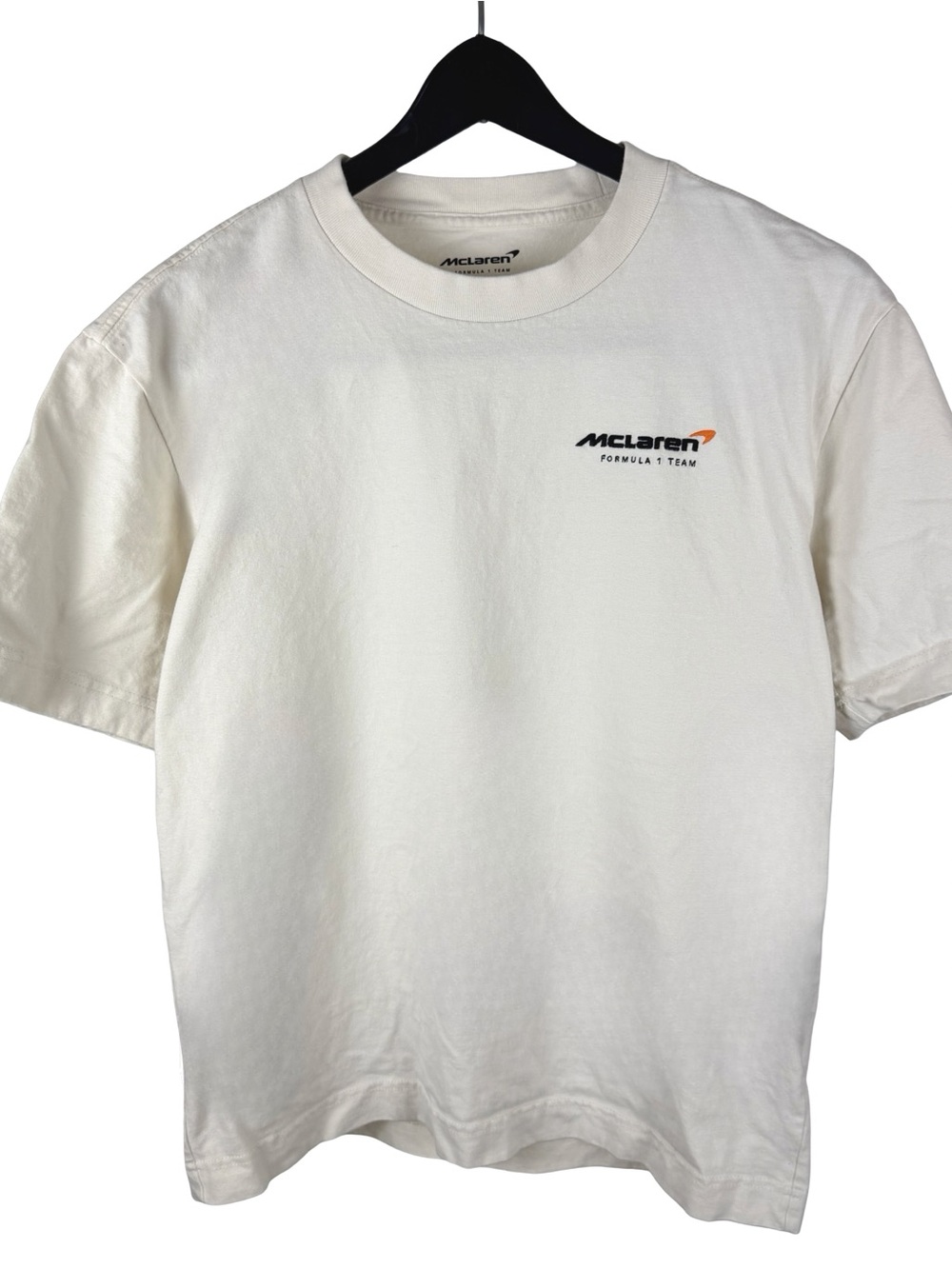 Mens Y2K McLaren Formula 1 Team Race Car Cream Boxy Graphic Shirt Size XS